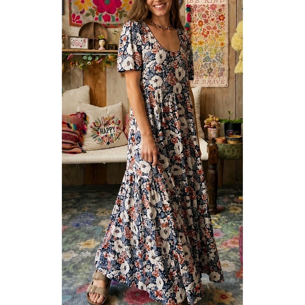 Natural Life Floral Tiered Maxi Dress Boho Cottagecore Blue Pink Size S